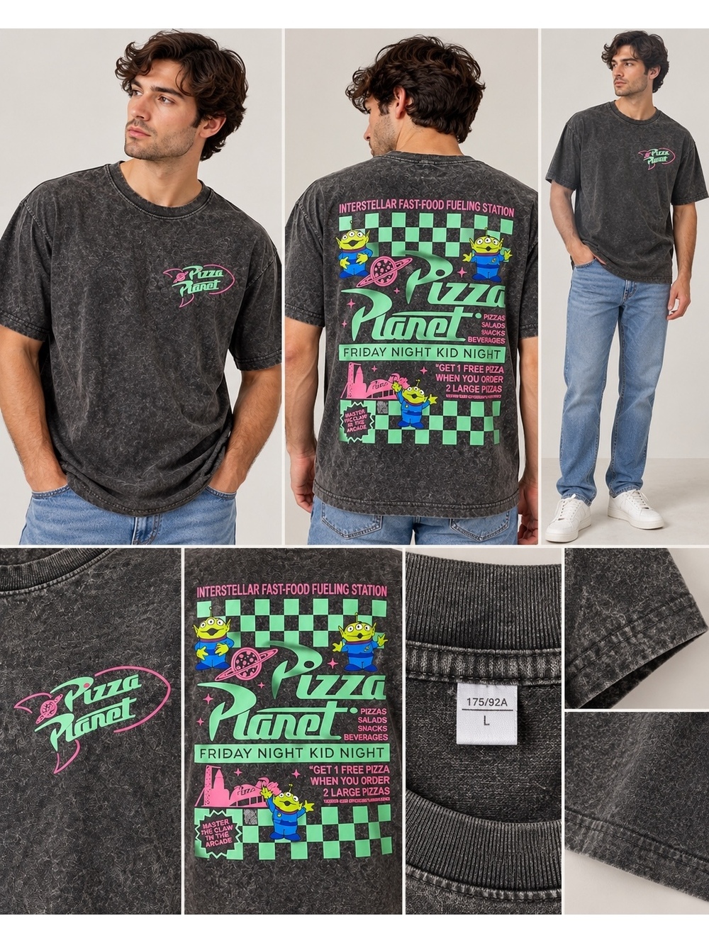 Disney Pizza Planet graphic T shirt charcoal gray size L